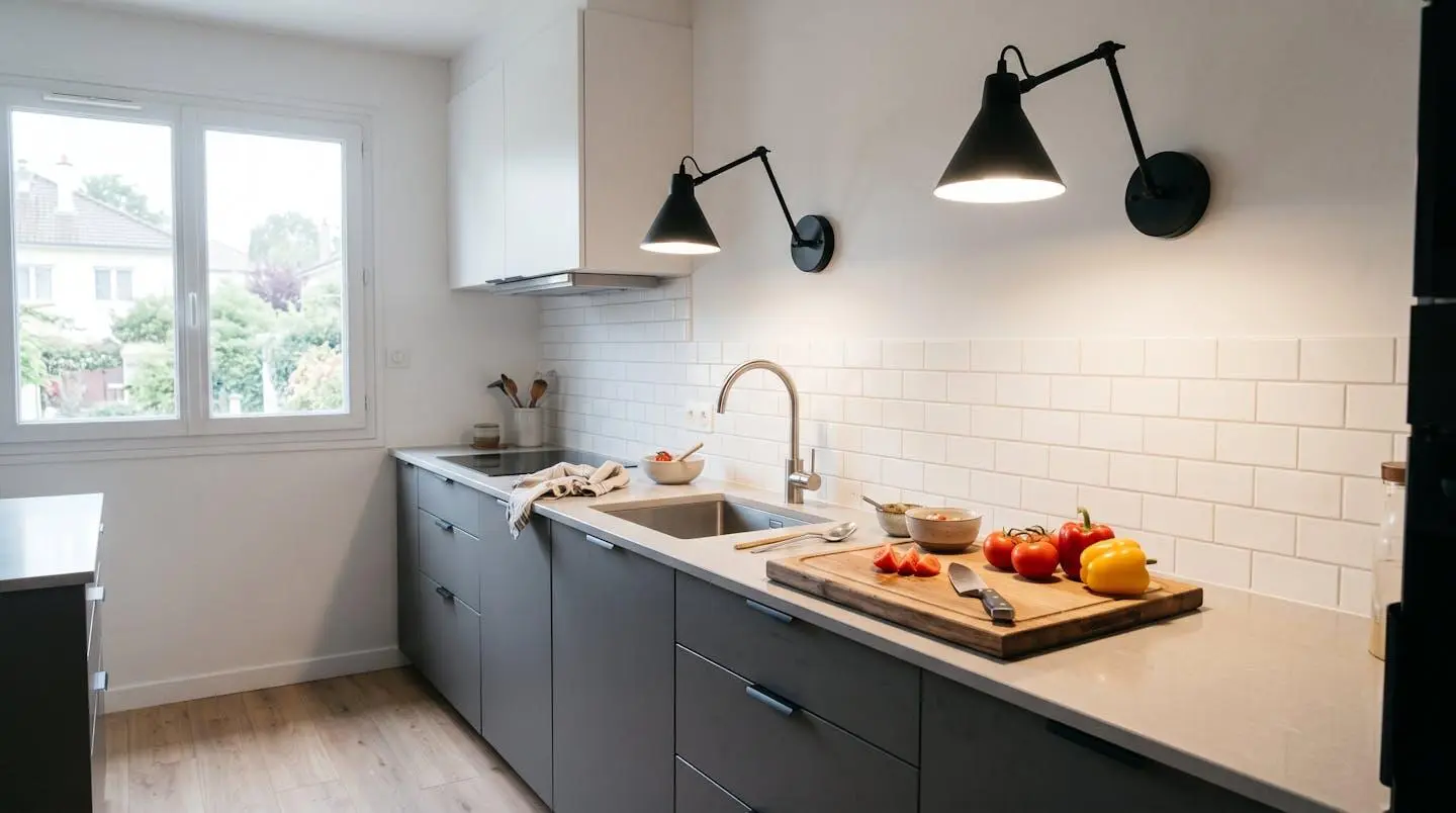 Cuisine contemporaine française avec plan de travail blanc, deux appliques murales noires orientables installées au-dessus zone préparation, éclairage LED dirigé vers surface travail, meubles gris anthracite, crédence carrelage métro blanc