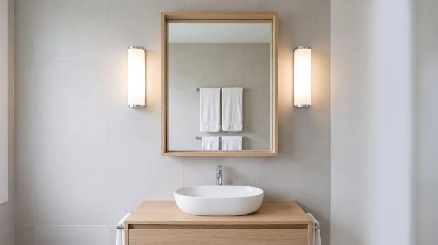 Salle de bain contemporaine avec miroir rectangulaire cadre chêne clair encadré par deux appliques murales cylindriques verre opalin blanc diffusant éclairage LED chaud uniforme, vasque blanche sur meuble chêne, carrelage blanc mat